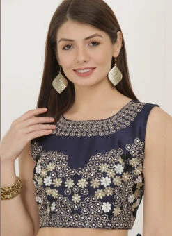 Navy Blue Art Dupion Silk Resham Embroidered Blouse Festive Wear -Sari Grace Shop navy blue art dupion silk resham embroidered blouse bldiw18 u