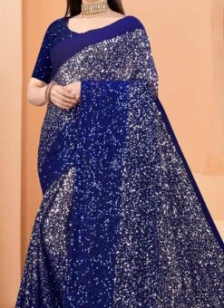 Navy Blue Color Sequins Work Georgette Saree Party Wear