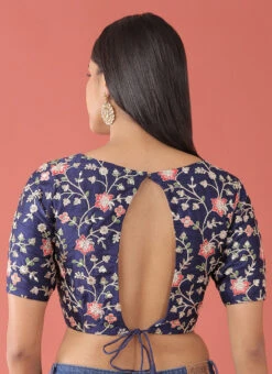 Navy Blue Embroidered Silk Readymade Blouse Party Wear -Sari Grace Shop navy blue embroidered silk readymade blouse blspfb225nb b