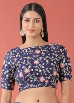 Navy Blue Embroidered Silk Readymade Blouse Party Wear -Sari Grace Shop navy blue embroidered silk readymade blouse blspfb225nb u
