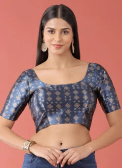 Navy Blue Polyster Printed Readymade Blouse Party Wear -Sari Grace Shop navy blue polyster printed readymade blouse blspfb205nb u