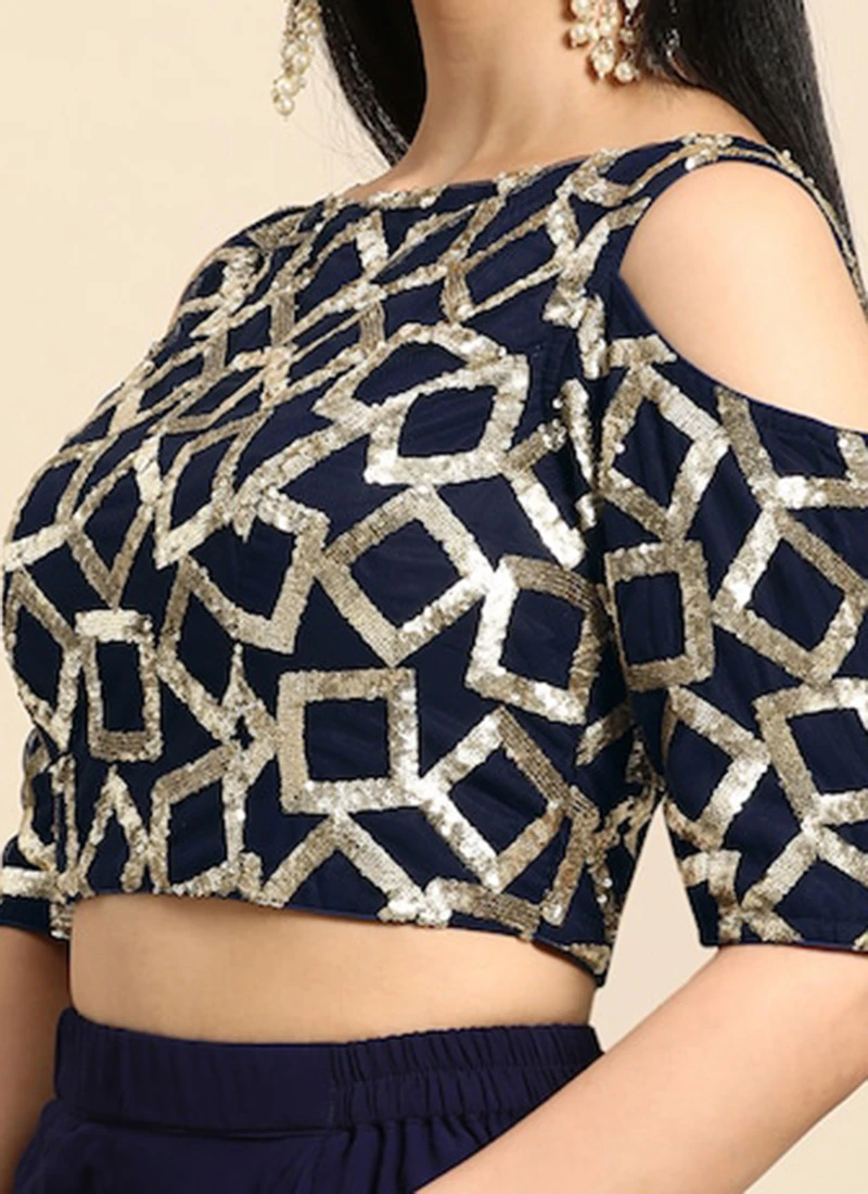 Navy Blue Sequins Net Cold Shoulder Blouse Festive Wear 3 Navy Blue Sequins Net Cold Shoulder Blouse Festive Wear