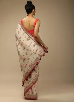 Off White Chinon Printed Saree Party Wear -Sari Grace Shop off white chinon printed saree sasvp263 b