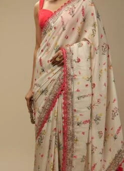 Off White Chinon Printed Saree Party Wear