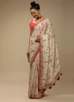 Off White Chinon Printed Saree Party Wear -Sari Grace Shop off white chinon printed saree sasvp263 u