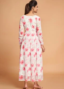 Off White Georgette Digital Print Fit And Flare Dress After Six Wear -Sari Grace Shop off white georgette digital print fit and flare dress drsacw9023 b