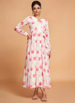 Off White Georgette Digital Print Fit And Flare Dress After Six Wear -Sari Grace Shop off white georgette digital print fit and flare dress drsacw9023 u