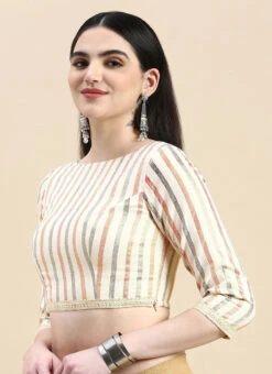 Off White Printed Cotton Blouse Festive Wear