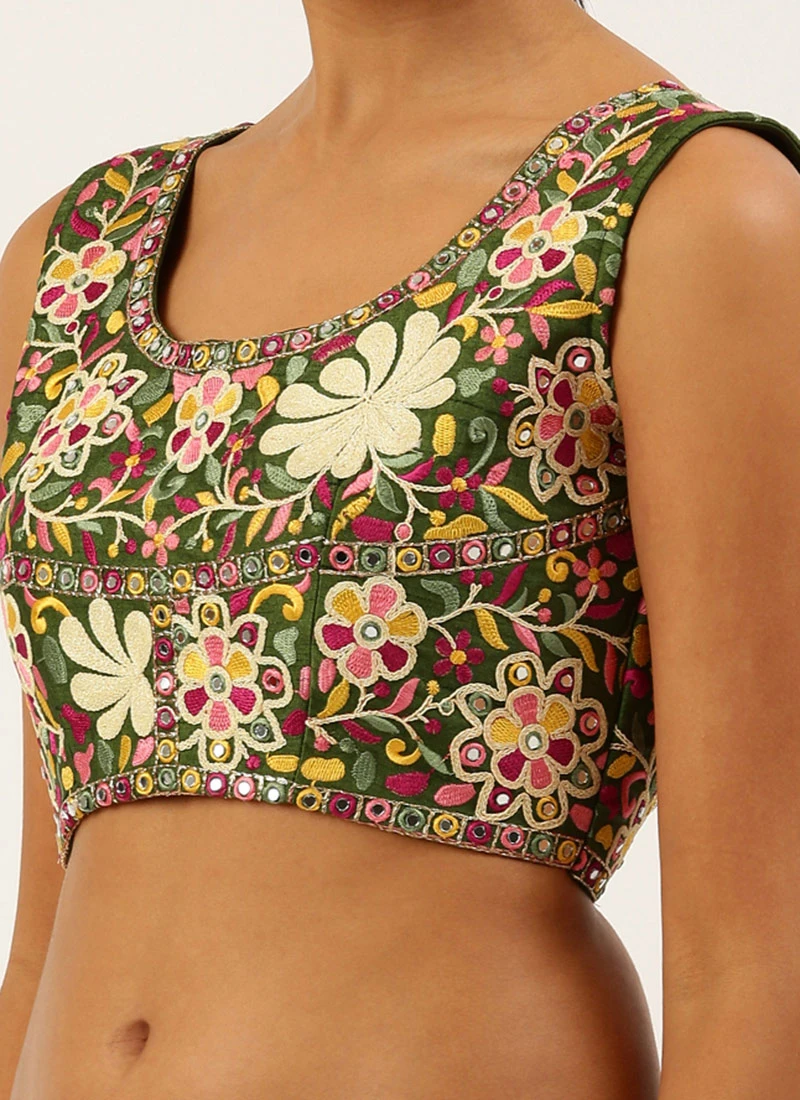 Olive Green Silk Embroidered Work Blouse Party Wear 3 Olive Green Silk Embroidered Work Blouse Party Wear