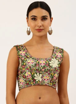 Olive Green Silk Embroidered Work Blouse Party Wear 8 Olive Green Silk Embroidered Work Blouse Party Wear -Sari Grace Shop olive green silk embroidered work blouse blspfb134o u