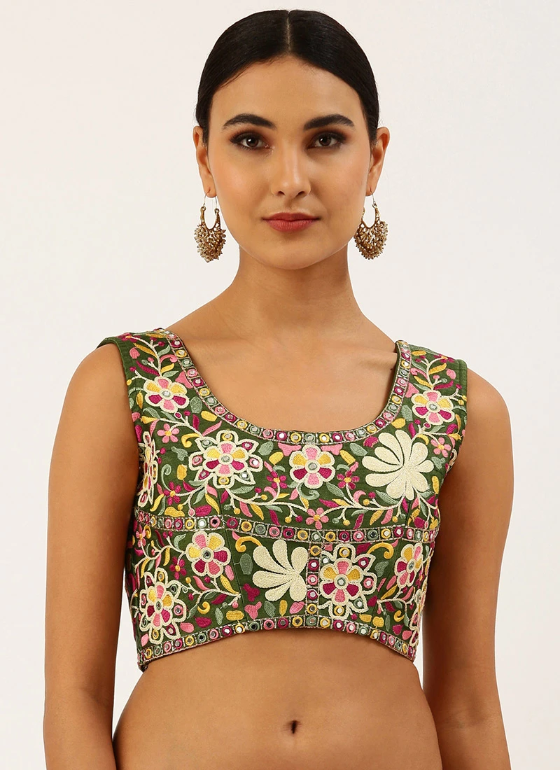 Olive Green Silk Embroidered Work Blouse Party Wear 5 Olive Green Silk Embroidered Work Blouse Party Wear - Image 3