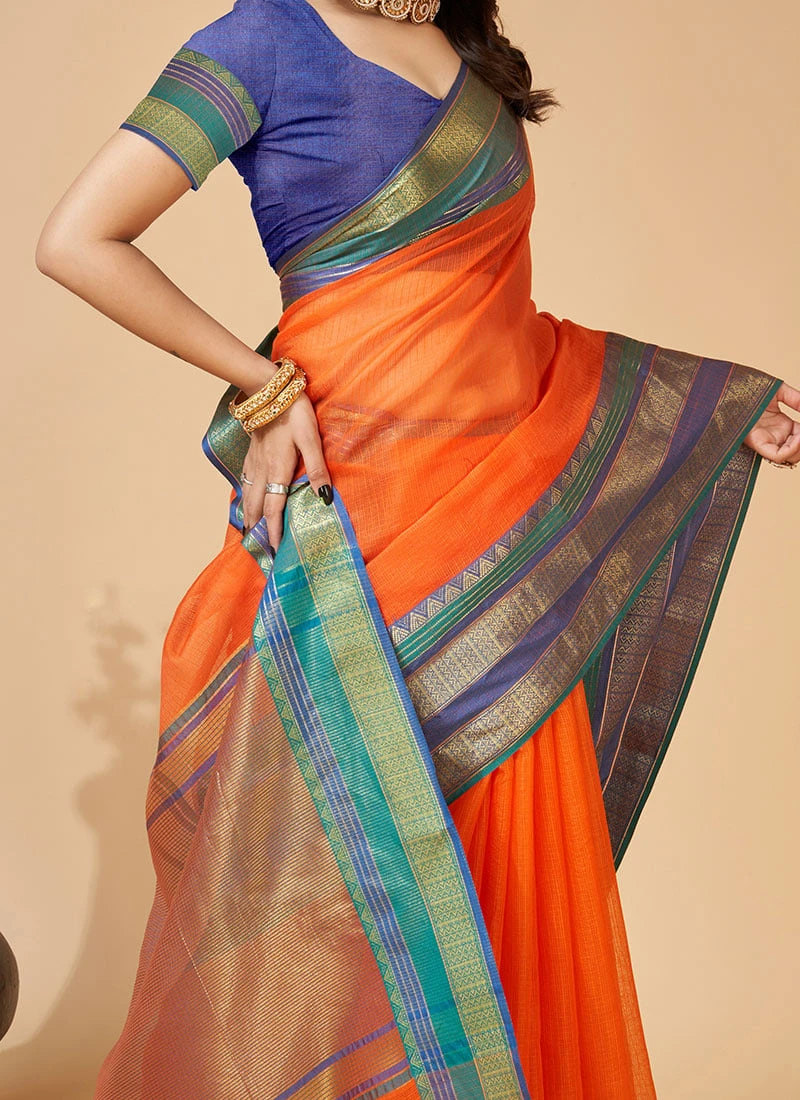 Orange Cotton Kota Saree Festive Wear 3 Orange Cotton Kota Saree Festive Wear