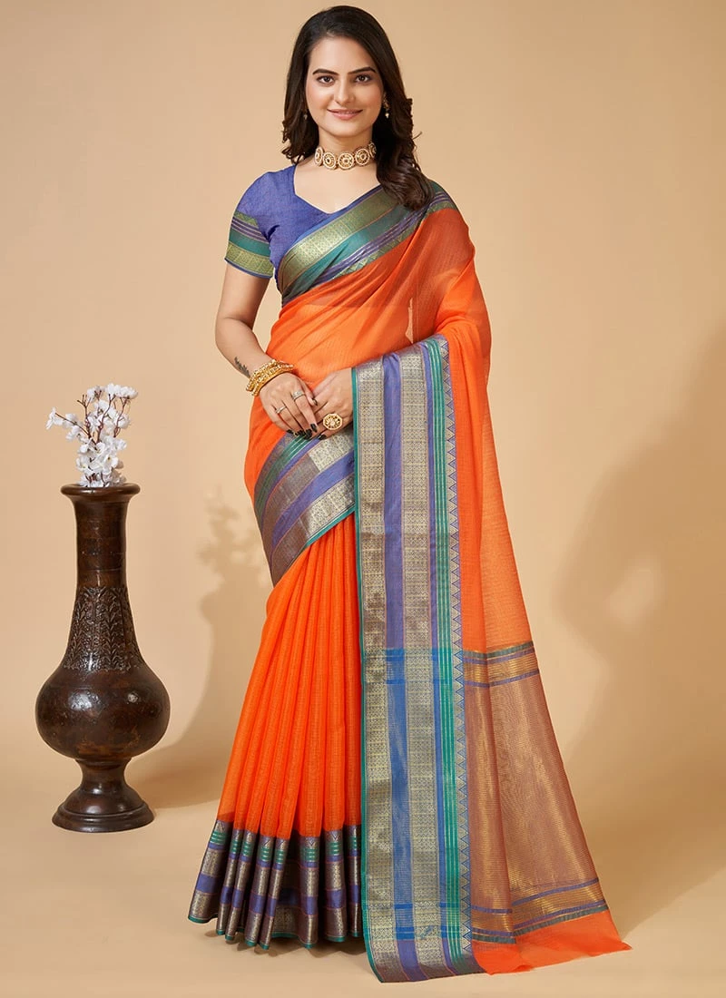 Orange Cotton Kota Saree Festive Wear 5 Orange Cotton Kota Saree Festive Wear - Image 3