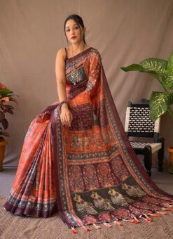 Orange Cotton Printed Work Saree Festive Wear -Sari Grace Shop orange cotton printed work saree sasacw5996 b