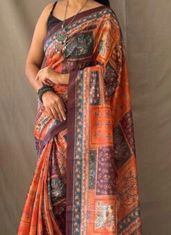 Orange Cotton Printed Work Saree Festive Wear