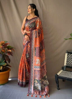 Orange Cotton Printed Work Saree Festive Wear -Sari Grace Shop orange cotton printed work saree sasacw5996 u