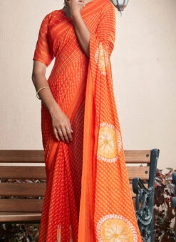 Orange Faux Chiffon Printed Saree After Six Wear