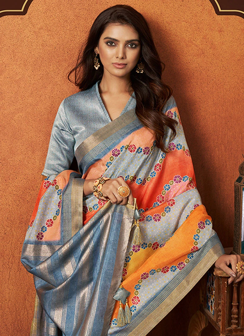 Orange Faux Crepe Printed Saree Festive Wear 6 Orange Faux Crepe Printed Saree Festive Wear - Image 4