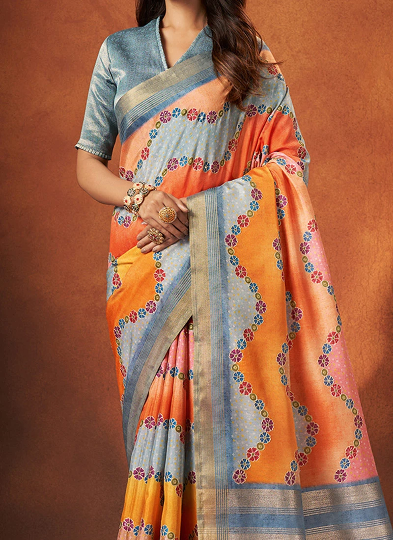 Orange Faux Crepe Printed Saree Festive Wear 3 Orange Faux Crepe Printed Saree Festive Wear
