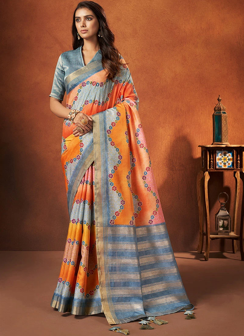 Orange Faux Crepe Printed Saree Festive Wear 5 Orange Faux Crepe Printed Saree Festive Wear - Image 3