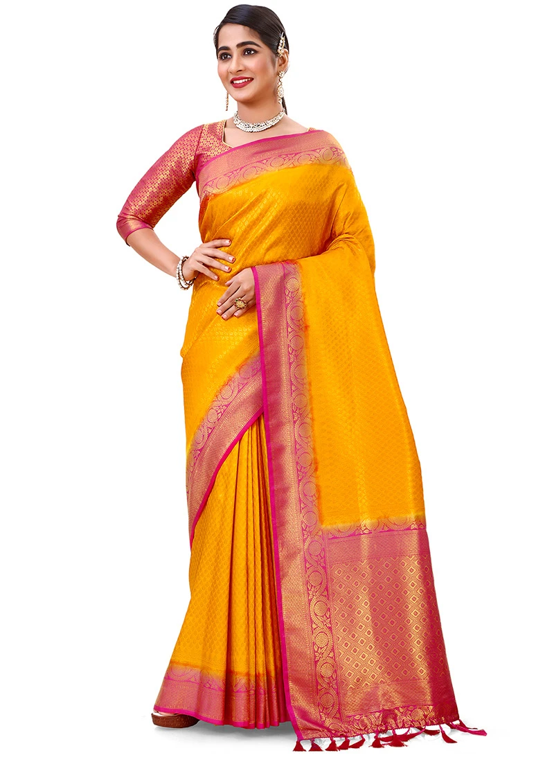 Orange Kanjivaram Silk Zari Woven Work Saree Festive Wear 5 Orange Kanjivaram Silk Zari Woven Work Saree Festive Wear - Image 3