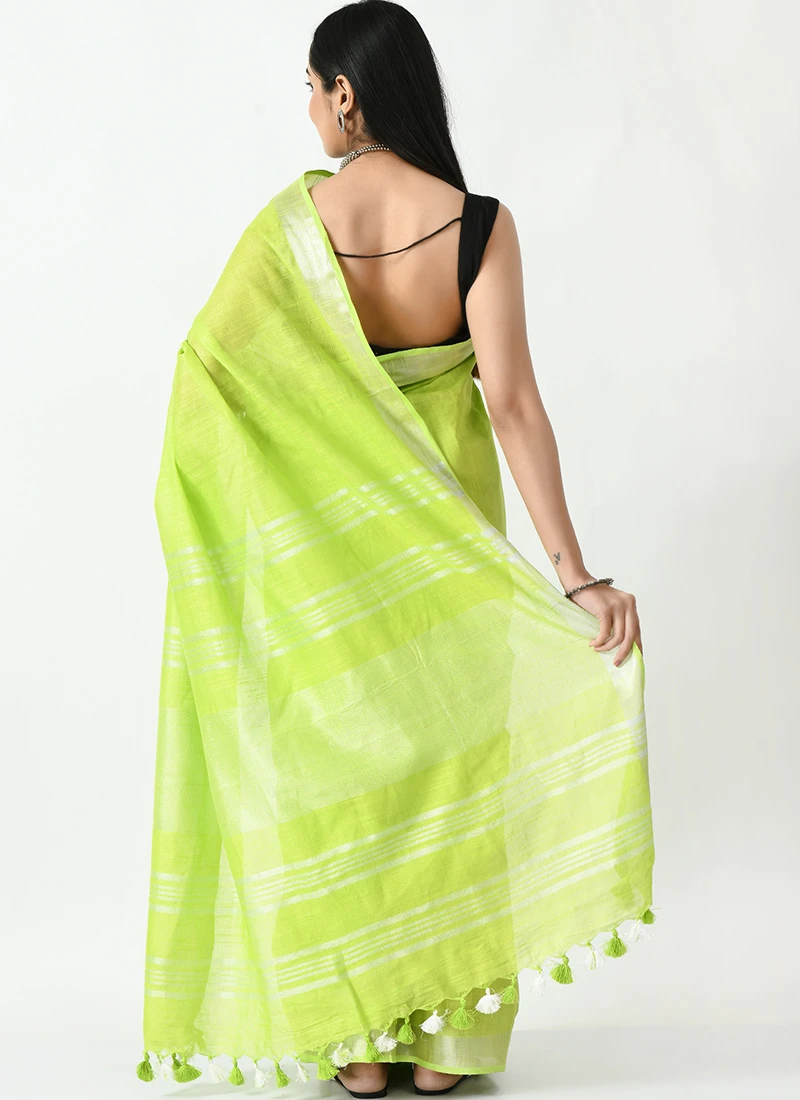 Parrot Green Linen Sari After Six Wear 6 Parrot Green Linen Sari After Six Wear - Image 4