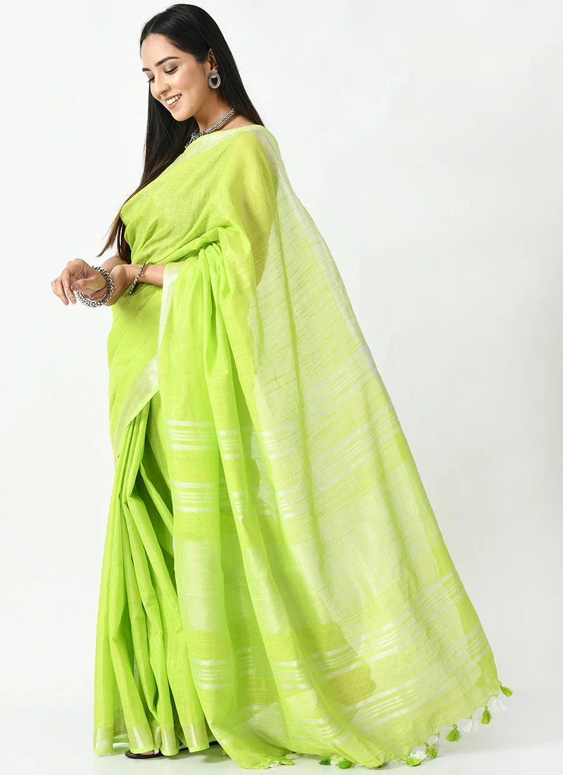 Parrot Green Linen Sari After Six Wear 5 Parrot Green Linen Sari After Six Wear - Image 3