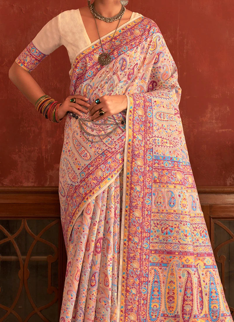 Peach Pashmina Printed Saree Party Wear 3 Peach Pashmina Printed Saree Party Wear