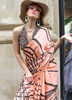 Peach Satin Blend Digital Print Saree After Six Wear 9 Peach Satin Blend Digital Print Saree After Six Wear -Sari Grace Shop peach satin blend digital print saree sasgf330003 b