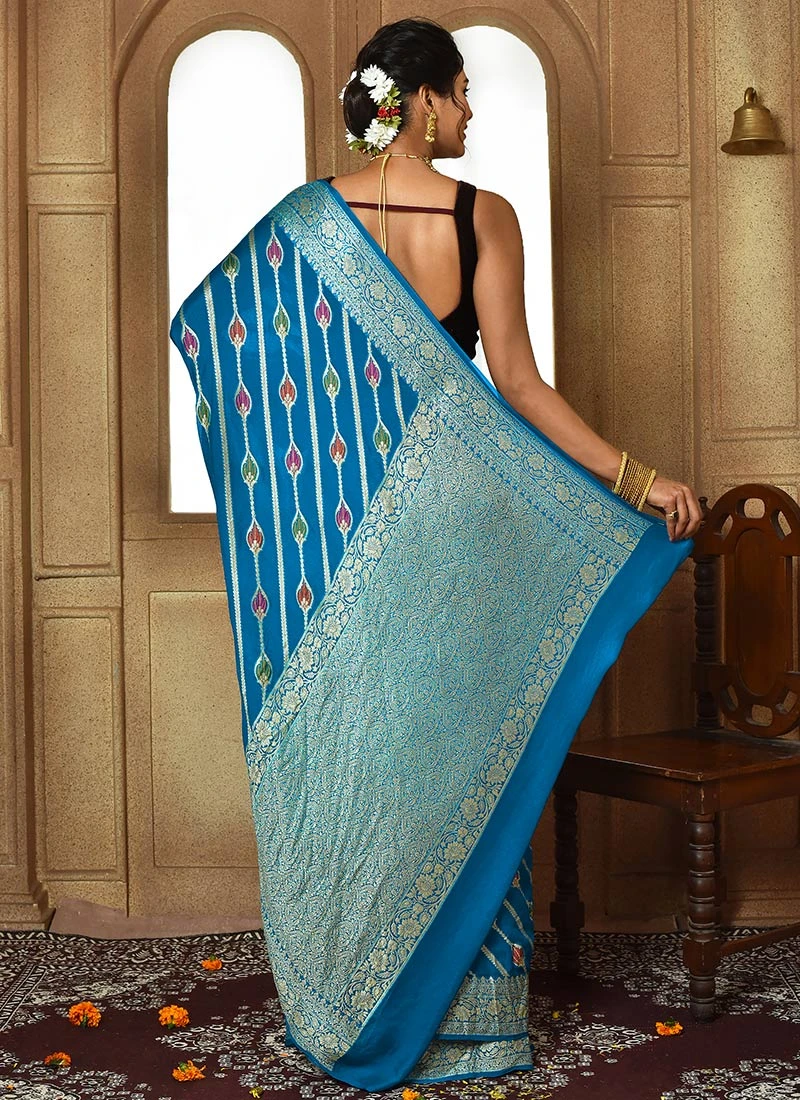 Peacock Blue Color Zari Work Pure Silk Chiffon Georgette Saree Festive Wear 6 Peacock Blue Color Zari Work Pure Silk Chiffon Georgette Saree Festive Wear - Image 4