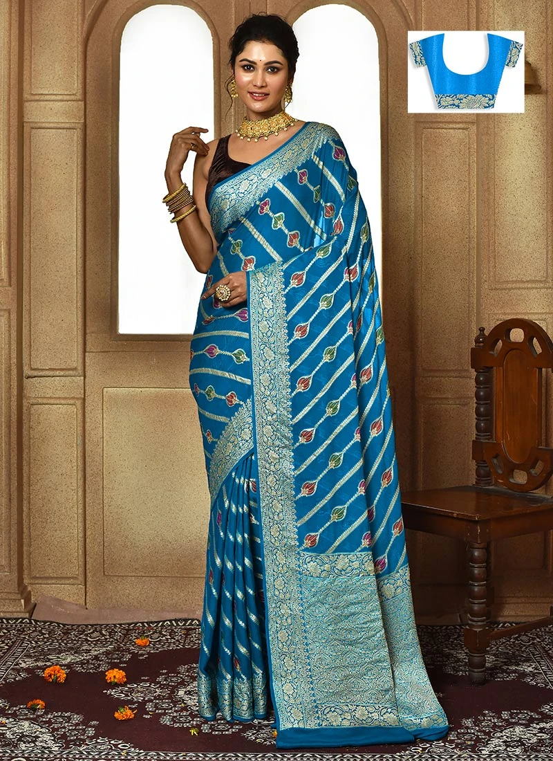 Peacock Blue Color Zari Work Pure Silk Chiffon Georgette Saree Festive Wear 5 Peacock Blue Color Zari Work Pure Silk Chiffon Georgette Saree Festive Wear - Image 3