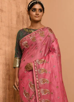 Pink Pure Tussar Silk Embroidery Work Saree Festive Wear -Sari Grace Shop pink banarasi silk embroidery work saree savns663e b