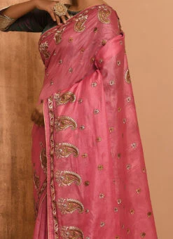 Pink Pure Tussar Silk Embroidery Work Saree Festive Wear