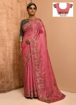 Pink Pure Tussar Silk Embroidery Work Saree Festive Wear -Sari Grace Shop pink banarasi silk embroidery work saree savns663e u