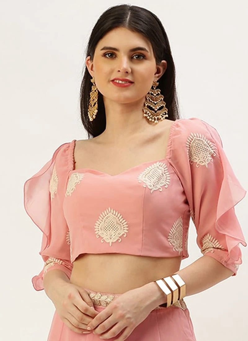 Pink Embroidered Ruffles Style Blouse Party Wear 5 Pink Embroidered Ruffles Style Blouse Party Wear - Image 3