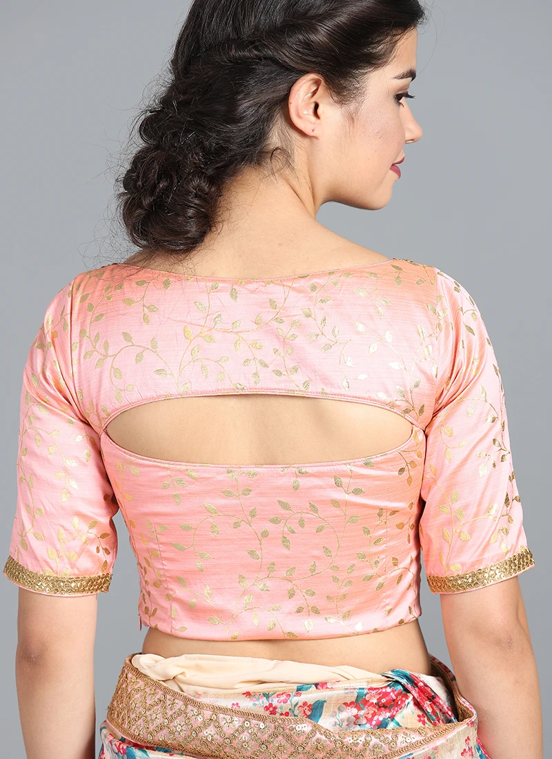 Pink Foil Printed Matka Silk Blouse Festive Wear 3 Pink Foil Printed Matka Silk Blouse Festive Wear
