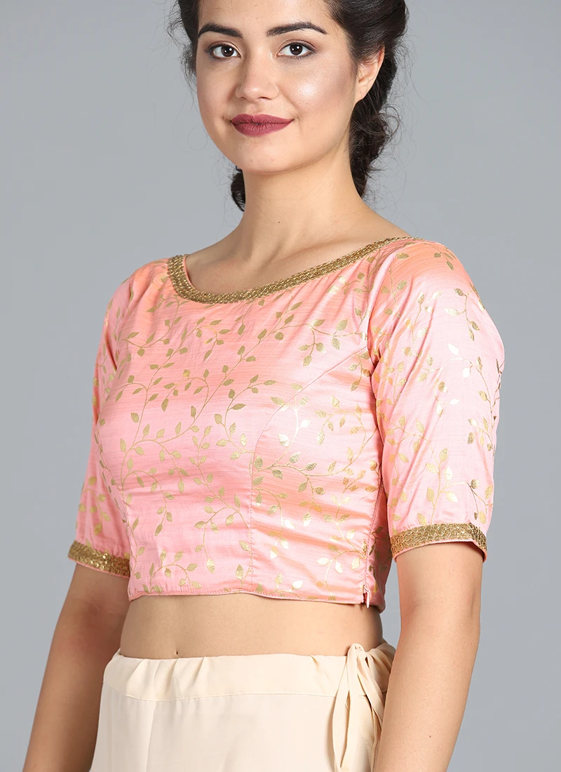 Pink Foil Printed Matka Silk Blouse Festive Wear 5 Pink Foil Printed Matka Silk Blouse Festive Wear - Image 3