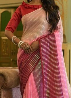 Pink Georgette Sequins Embroidery Saree Party Wear