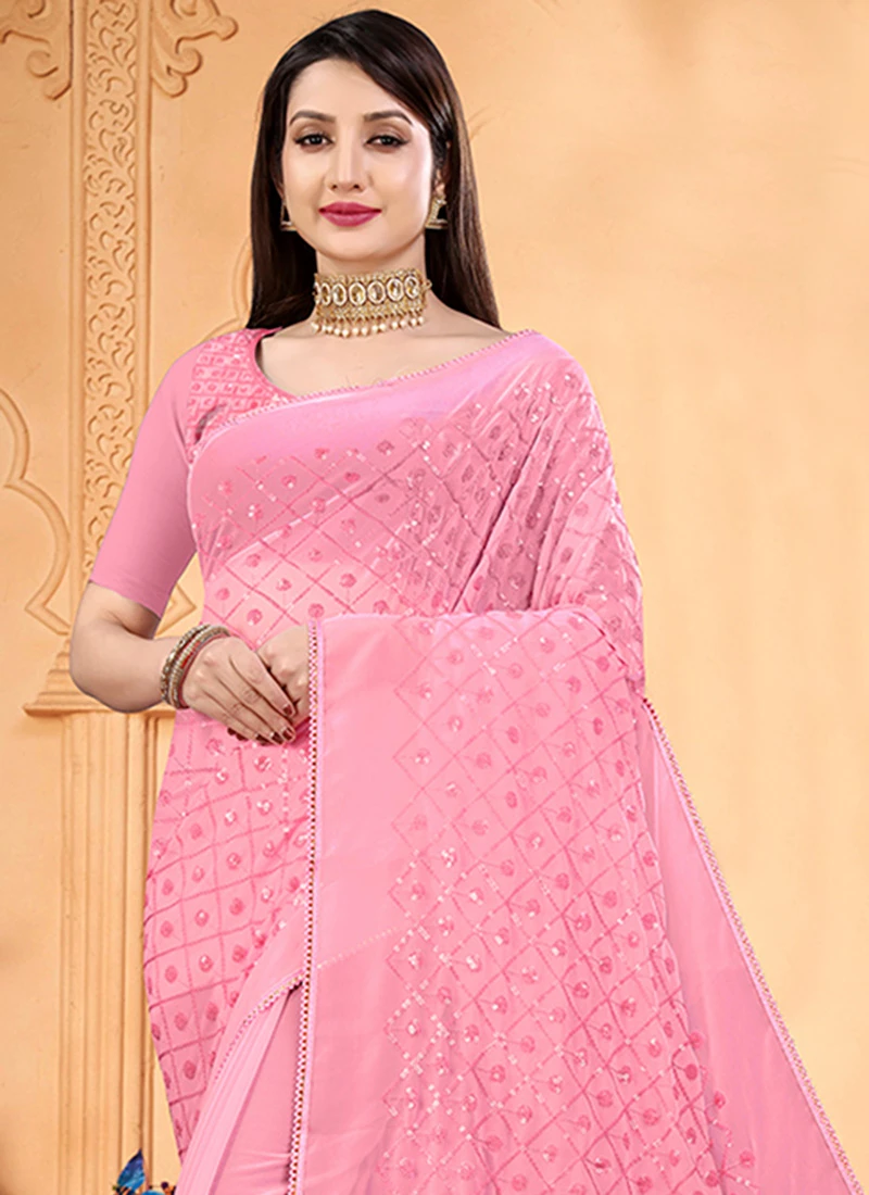 Pink Georgette Sequins Work Saree Party Wear 6 Pink Georgette Sequins Work Saree Party Wear - Image 4