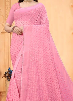 Pink Georgette Sequins Work Saree Party Wear