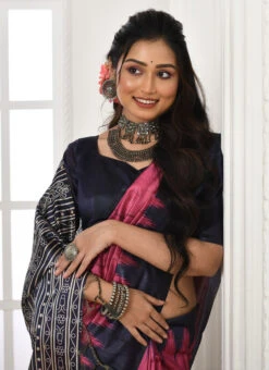 Pink Tussar Silk Temple Printed Saree Festive Wear -Sari Grace Shop pink tussar silk temple printed saree sasvw2027p b