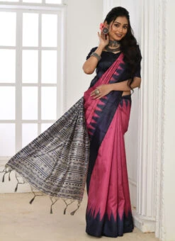 Pink Tussar Silk Temple Printed Saree Festive Wear -Sari Grace Shop pink tussar silk temple printed saree sasvw2027p u