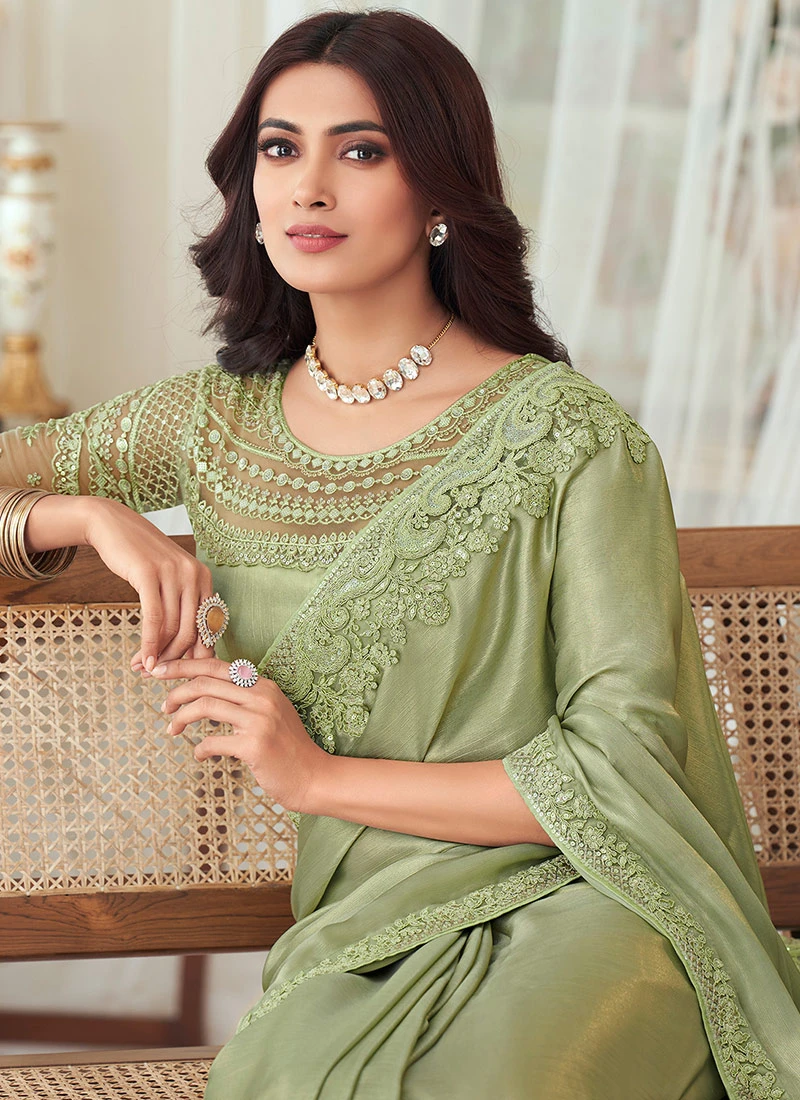 Pista Green Silk Embroidery Sequins Work Saree Party Wear 6 Pista Green Silk Embroidery Sequins Work Saree Party Wear - Image 4