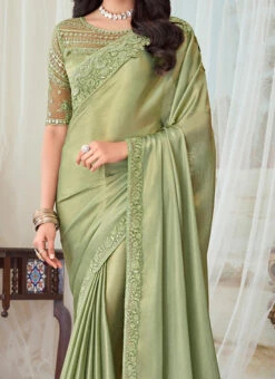 Pista Green Silk Embroidery Sequins Work Saree Party Wear