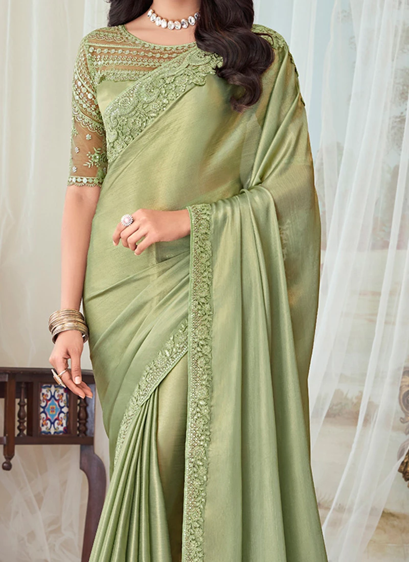 Pista Green Silk Embroidery Sequins Work Saree Party Wear 3 Pista Green Silk Embroidery Sequins Work Saree Party Wear