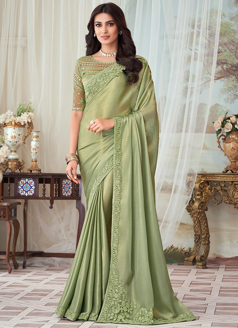 Pista Green Silk Embroidery Sequins Work Saree Party Wear 5 Pista Green Silk Embroidery Sequins Work Saree Party Wear - Image 3