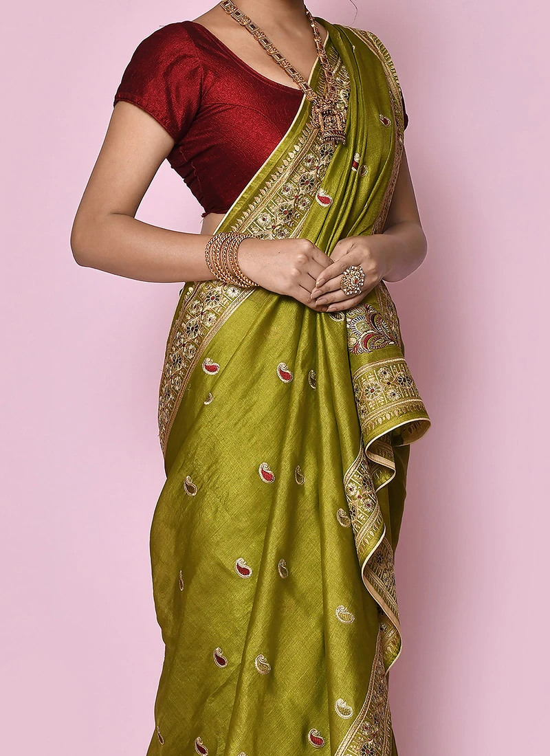 Pure Banarasi Silk Embroidered Mehendi Green Saree Wedding Wear 3 Pure Banarasi Silk Embroidered Mehendi Green Saree Wedding Wear