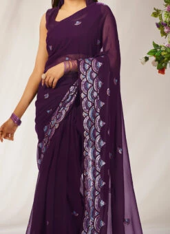 Purple Faux Georgette Sequins Sari Party Wear