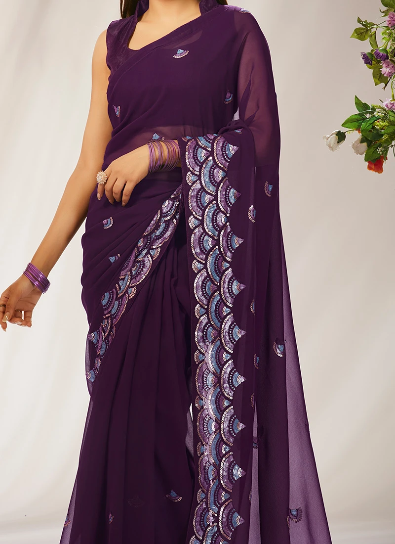 Purple Faux Georgette Sequins Sari Party Wear 3 Purple Faux Georgette Sequins Sari Party Wear