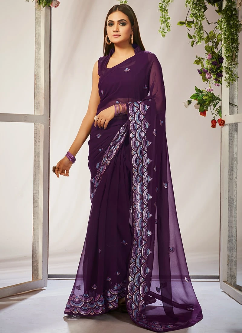 Purple Faux Georgette Sequins Sari Party Wear 5 Purple Faux Georgette Sequins Sari Party Wear - Image 3